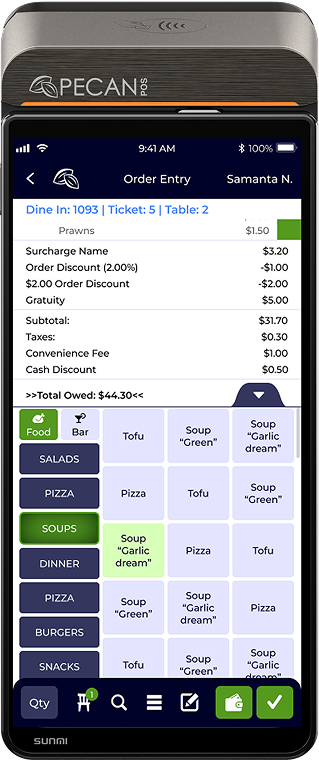 Smartphone screen displaying an Order Entry app with a receipt and a grid of menu buttons (SOUPS, SALADS, PIZZA).