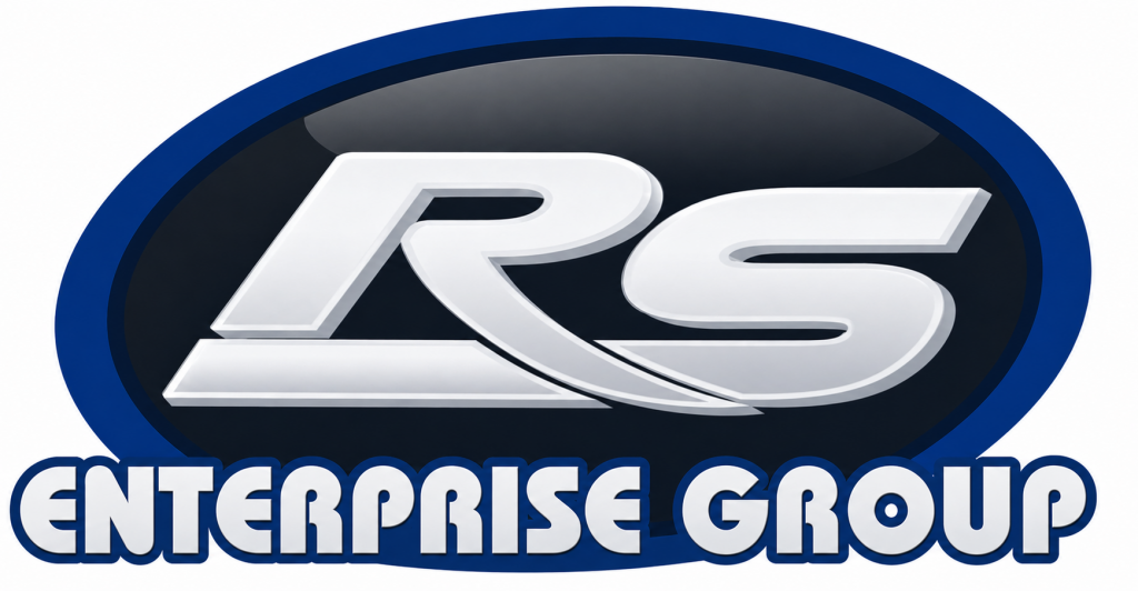 Logo for RS Enterprise Group with silver RS initials inside a dark blue oval and 'ENTERPRISE GROUP' in bold letters below.