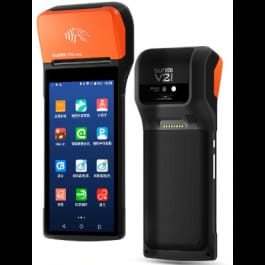 Rugged handheld barcode scanner/mobile computer with orange scanning hood and black body, screen showing app icons.