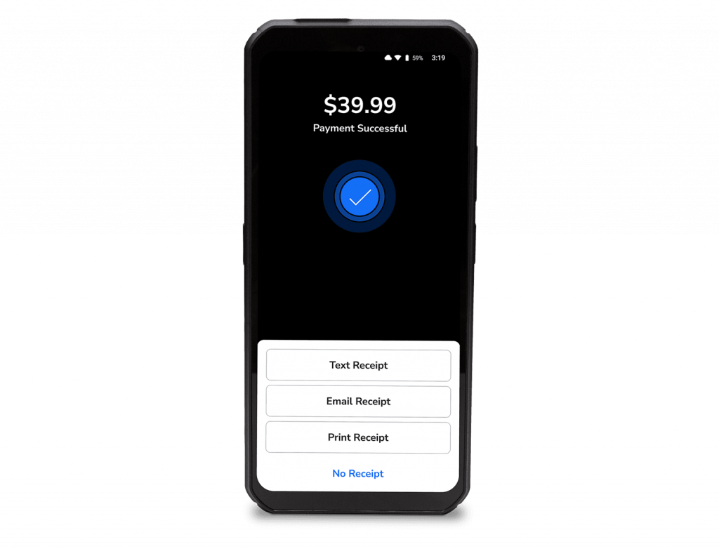 Payment successful on a smartphone: $39.99 with options for Text, Email, Print receipt, or No receipt at the bottom.