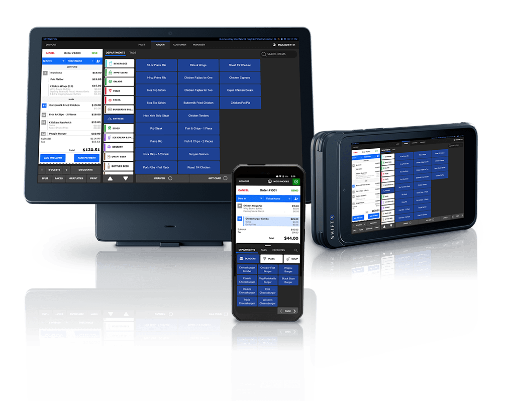 Multi-device restaurant POS UI showing orders on tablet, phone, and monitor for order management and checkout