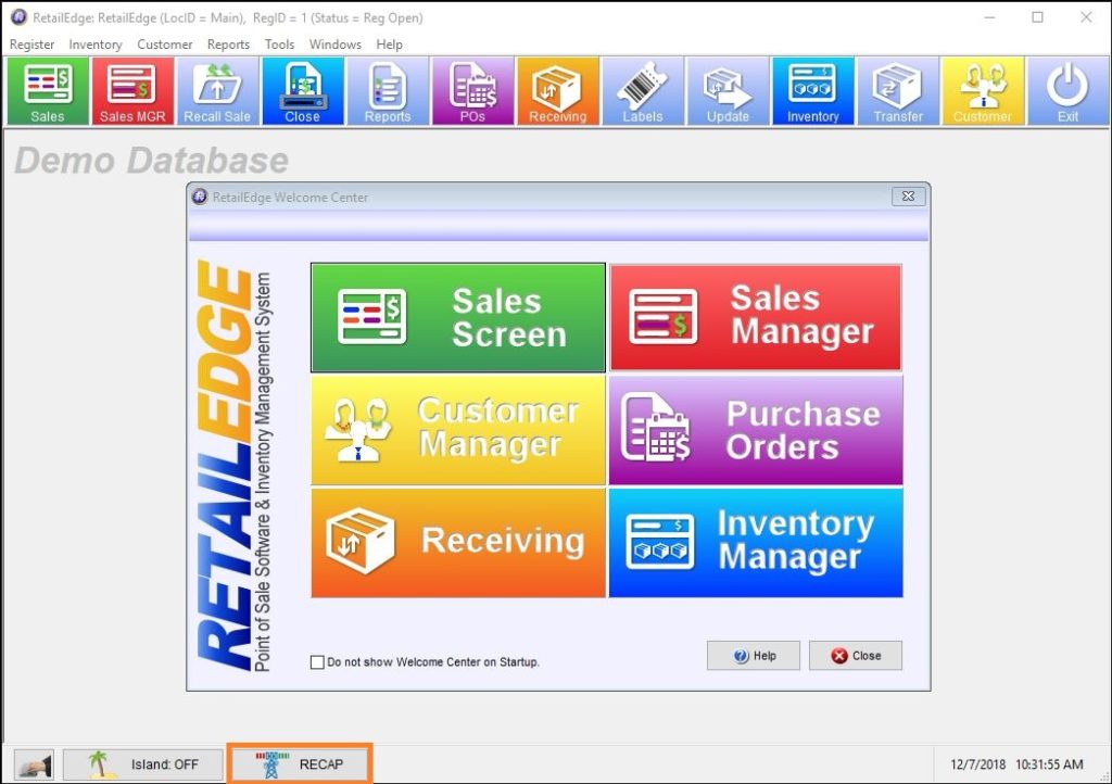 Screenshot of a RetailEdge demo database Welcome Center showing six colorful tiles: Sales Screen, Sales Manager, Customer Manager, Purchase Orders, Receiving, Inventory Manager, with RetailEdge logo on the left.