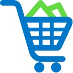 Blue shopping cart icon with a green handle, used as an Add to Cart button.