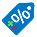 Blue discount tag icon with a white percent symbol and small green plus and red minus signs, indicating sale or promotion