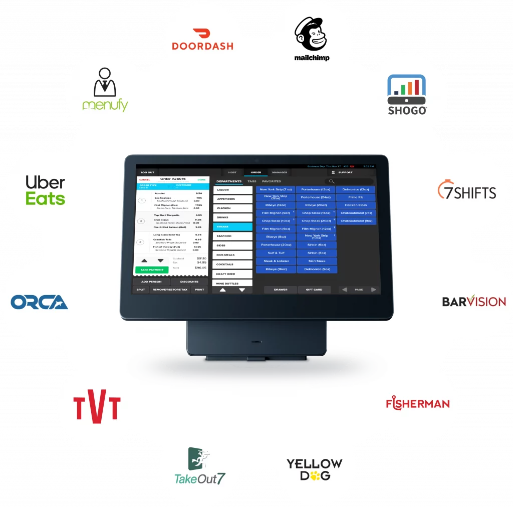 POS touchscreen for restaurant with an order-management interface, encircled by delivery-brand logos (Uber Eats, DoorDash, etc.).