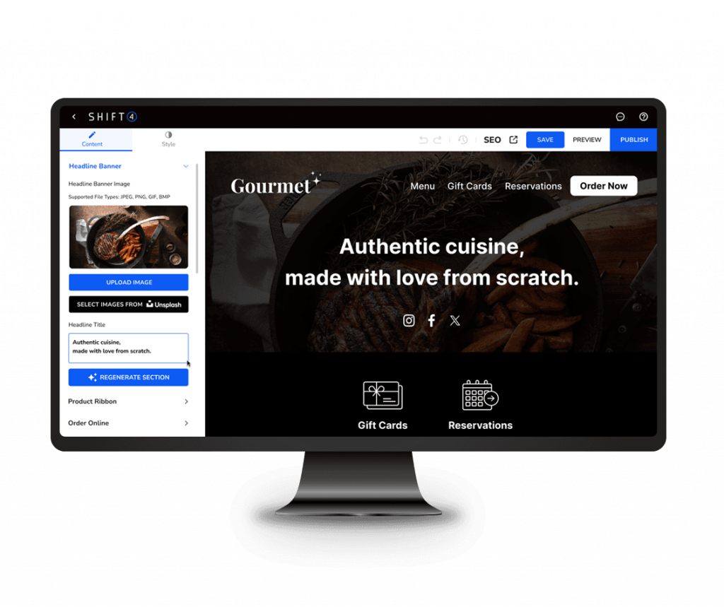 Desktop monitor showing a website editor with a hero image that says 'Authentic cuisine, made with love from scratch.' and a left panel for editing the headline banner, image sizes, and sections.