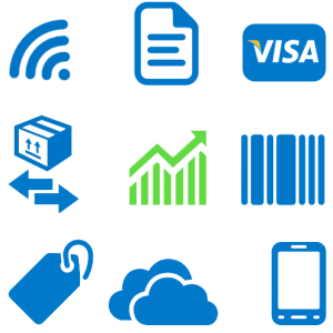 Blue icon row showing wireless signal, a document, a Visa card, a shipping box, an upward-trending graph, a barcode, bidirectional arrows, a price tag, a cloud, and a smartphone.