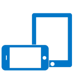 Two blue outlined devices—a tablet on the right and a smartphone on the left—placed side by side.”, “Tablet and smartphone icons side by side in blue outlines.”, “Blue outline tablet and phone arranged horizontally.”