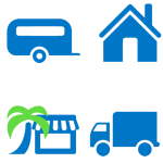 Blue trailer icon next to a blue house icon on a white background.