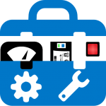 Blue toolbox icon with a wrench and gear, representing tools or maintenance/settings