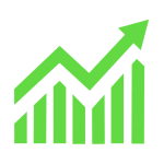 Green bar chart with an upward trending line indicating growth
