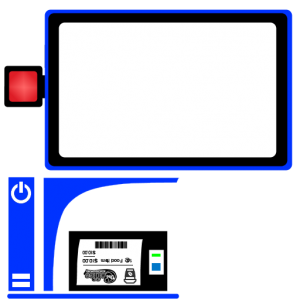 Blue payment terminal with a large screen, left red button, vertical power area, receipt with barcode and card slot below.