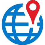 Blue globe with a grid motif and a red location pin marking a spot on the map, conveying global location.